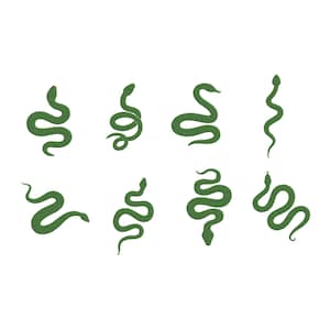 Può includere: Una collezione di otto illustrazioni di serpenti verdi in varie pose. I serpenti sono stilizzati con dettagli strutturati, ciascuno in una posizione unica arrotolata o curva. Lo sfondo è bianco.