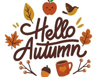 Hello Autumn Embroidery: Coffee, Pumpkin, Leaf, Sweatshirt | 6 Size | Digital Download | Retro Typography