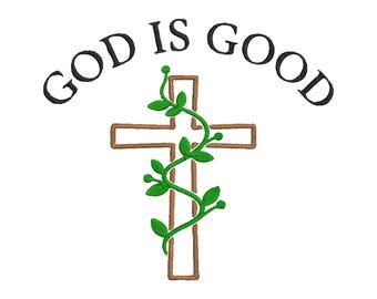 God is Good borduurontwerp, christelijk borduurwerk, religieus machineborduurwerk, kruisborduurontwerp, geloofssteekontwerp, 12 maten