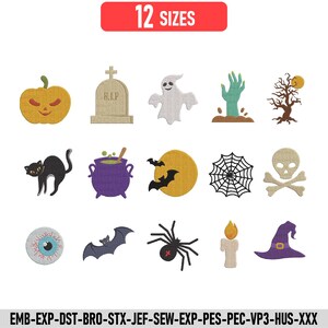 Può includere: Una collezione di quindici ricami a tema Halloween che includono una zucca, una lapide con R.I.P, un fantasma, una mano, un albero, un gatto, un calderone, pipistrelli, ragnatela, teschio, bulbo oculare, ragno, candela e cappello da strega. Il testo riporta 12 SIZES e i formati file.