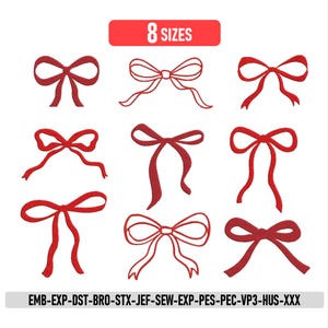 May include: A digital embroidery design set featuring eight distinct red bow illustrations. The image includes the text 8 SIZES at the top and a list of file formats including EMB-EXP-DST-BRO-STX-JEF-SEW-EXP-PES-PEC-VP3-HUS-XXX at the bottom.