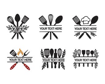 Kitchen Embroidery Design Bundle, Split Monogram Frames & Baking Utensil Machine Embroidery Files | Chef Kitchen Cooking Embroidery