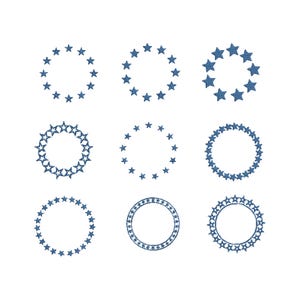 May include: Nine circular designs featuring blue star patterns on a white background. The designs vary in the number of stars and the arrangement, with some forming solid rings and others with open spaces.