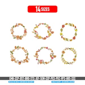 May include: A digital collection of six circular autumn-themed embroidery designs featuring various leaves, flowers, and acorns in warm seasonal colors. The text 14 SIZES appears at the top, and the bottom lists file formats: EMB-EXP-DST-BRO-STX-JEF-SEW-EXP-PES-PEC-VP3-HUS-XXX MACHINE EMBROIDERY INSTANT DOWNLOAD.