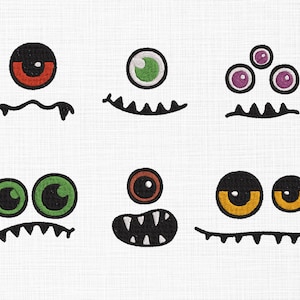 Peut inclure: Motifs de visages de monstres brodés avec diverses combinaisons d'yeux et de bouches. Les yeux sont de différentes couleurs, dont le rouge, le vert et le jaune. Les bouches ont des dents en scie. Les motifs sont sur un fond blanc texturé.