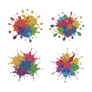 Puede incluir: Cuatro diseños de salpicaduras de pintura coloridas. Cada diseño presenta una combinación única de colores, incluyendo rojo, amarillo, azul, verde y morado. Las salpicaduras tienen una apariencia texturizada, con un patrón similar a la tela.