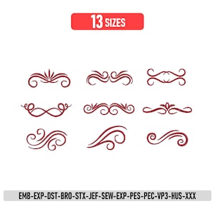 Broderidesign med blommig virvelkant; Maskinbroderifil med lockig accentkant | Dekorativt mönster med blommiga virvlar. 4,5 till 18,8 cm