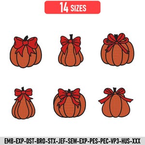 Pode incluir: Seis designs de bordado de abóbora laranja, cada um com um laço vermelho distinto. O topo da imagem exibe o texto 14 SIZES, e a parte inferior lista formatos de arquivo, incluindo EMB, EXP, DST, BRO, STX, JEF, SEW, PES, PEC, VP3, HUS e XXX.