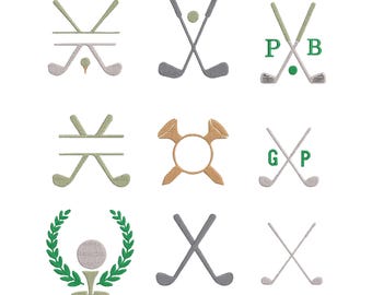 Golfborduurwerkontwerpbundel, golfmonogramborduurontwerp, gesplitste brief golfnaamlijst machineborduurwerk, gekruiste clubs preppy set