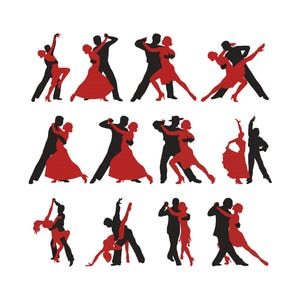 Puede incluir: Ilustraciones estilizadas de parejas bailando. Cada silueta muestra una figura negra emparejada con una figura roja, representando diversas poses de baile. La imagen, con fondo blanco, captura el dinamismo y la elegancia del baile.