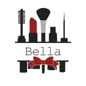 May include: A black and red makeup-themed design featuring a mascara wand, lipstick, makeup brush, nail polish bottle, and eyeliner. The word "Bella" is written in black, with a red bow below.