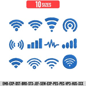 May include: A collection of twelve blue embroidered icons representing various wireless signal, connectivity, and network strength symbols. The image includes the text 10 SIZES at the top and a list of file formats EMB-EXP-DST-BRO-STX-JEF-SEW-EXP-PES-PEC-VP3-HUS-XXX at the bottom.