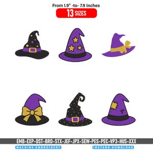 Può includere: Sei disegni per ricamo a macchina raffiguranti cappelli da strega in viola, nero e oro. I cappelli presentano vari motivi tra cui stelle, fiocchi e toppe. Il testo in alto indica 13 dimensioni da 4,8 cm a 20 cm per i file.
