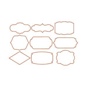 May include: Nine brown decorative frames in various shapes, including rectangular, oval, and diamond. The frames have a simple, elegant design, perfect for adding a vintage touch to any project. The frames are set against a white background.
