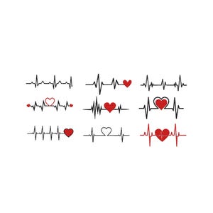 Può includere: Una collezione di grafiche stilizzate per monitor della frequenza cardiaca. Ogni design presenta una linea nera che rappresenta un battito cardiaco, con cuori rossi incorporati. Le grafiche sono disposte su sfondo bianco.