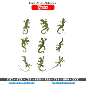 Puede incluir: Una colección de nueve siluetas de lagartos de color verde oliva para bordado a máquina, con varias poses y patrones. El texto dice From 1.5"-to- 7.0 Inches, 12 SIZES, y DST STX JEF SEW PES VP3 HUS XXX MACHINE EMBROIDERY INSTANT DOWNLOAD.