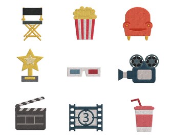 Movie Night Embroidery Design Bundle, Cinema Theater Machine Embroidery Files | Red Curtain & Star Award Set | 12 Sizes | Instant Download