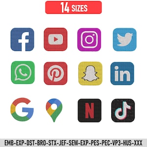 May include: A collection of 14 sizes of social media and brand logo embroidery designs. The icons include Facebook, YouTube, Instagram, Twitter, WhatsApp, Pinterest, Snapchat, LinkedIn, Google, Maps, Netflix, and TikTok. Text reads 14 SIZES.