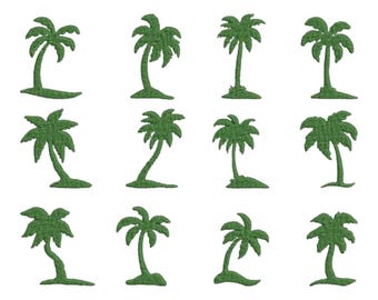 May include: A collection of twelve individual green embroidered palm tree patches arranged in a grid. Each patch features a distinct silhouette of a palm tree with textured stitching, showing varied trunk curves and frond shapes on small mounds.
