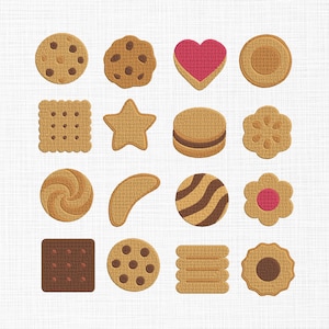 May include: A collection of sixteen different cookies and biscuits in various shapes and designs. The cookies are in shades of brown and tan, with some featuring chocolate chips, stripes, and a pink heart-shaped filling. The shapes include circles, squares, stars, and flowers.