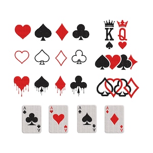 May include: A collection of playing card symbols in red and black, including hearts, spades, diamonds, and clubs. The image also features a King and Queen of Spades and Hearts, and four Ace cards.