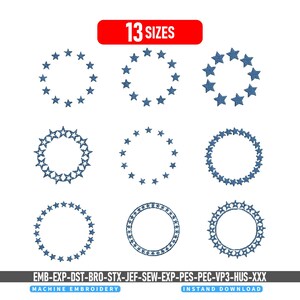 Circle of Blue Stars Embroidery Designs: Circle of Stars Blue work Machine Embroidery Files, Stars Embroidery Stitching Pattern, 3-8 Inches