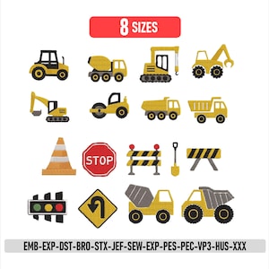 May include: A collection of sixteen embroidered construction-themed designs including yellow trucks, excavators, a traffic cone, a red stop sign with white text, road barriers, a shovel, a traffic light, and a turn sign, labeled 8 SIZES.