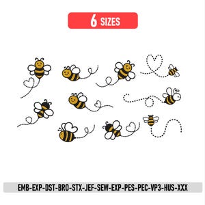 May include: A white background features several cartoon bees with black and yellow stripes, white wings, and smiling faces. The bees are flying with dotted lines and hearts. The text "6 SIZES" is in a red rectangle.