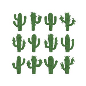 May include: A collection of twelve green cactus embroidery designs. Each cactus has a textured appearance and varying arm shapes, all set against a white background. The designs are suitable for crafting or textile projects.