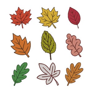 May include: Nine colorful embroidered leaves in various shapes and sizes are arranged on a white background. The leaves feature shades of red, orange, yellow, green, and pink, with detailed stitching and visible veins, perfect for fall-themed crafts.