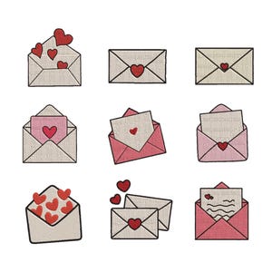 May include: Nine illustrations of envelopes and letters with heart designs. Some envelopes are open, revealing hearts or heart-shaped notes. The envelopes are beige and pink, with red hearts. The image is on a white background.