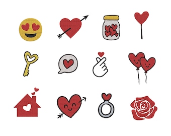 Valentine Love Embroidery Design Bundle, Heart & Love Icons Machine Embroidery Files | Romantic Valentine Set | 8 Sizes | Instant Download