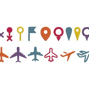 Op de afbeelding: Een verzameling kleurrijke iconen met een reisthema, waaronder vliegtuigen en kaartmarkeringen, in verschillende tinten oranje, paars, blauw, rood en geel. De iconen zijn gerangschikt op een witte achtergrond.