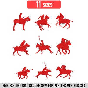 May include: A collection of eight red machine embroidery designs featuring polo players on horseback in various action poses. The top banner displays the text 11 SIZES, and the bottom banner lists file formats: EMB-EXP-DST-BRO-STX-JEF-SEW-EXP-PES-PEC-VP3-HUS-XXX.