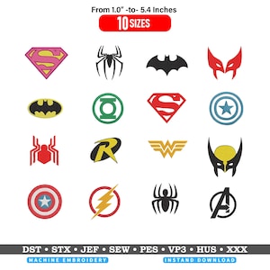 Puede incluir: Una colección digital de dieciséis diseños de bordado a máquina con temática de superhéroes que incluye varios logotipos y máscaras icónicos en rojo, amarillo, azul, verde, negro y blanco. El texto dice From 1.0"-to- 5.4 Inches, 10 SIZES, y formatos DST, STX, JEF, SEW, PES, VP3, HUS, XXX.