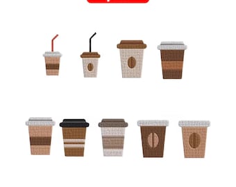 Coffee Cup Embroidery Design Bundle: Coffee To Go Machine Embroidery File | Cute Coffee Embroidery Pattern | Latte Cup Stitch Patches