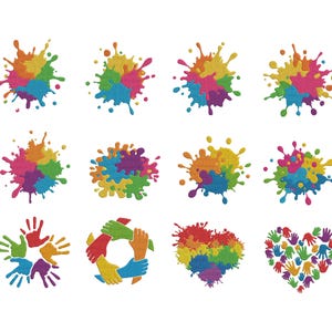 Può includere: Una collezione di design colorati di schizzi di vernice e illustrazioni a tema mani. L'immagine presenta varie disposizioni di schizzi di vernice color arcobaleno, insieme a disegni di mani che formano cerchi e cuori, il tutto su sfondo bianco.