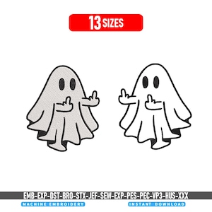 May include: Machine embroidery design featuring two ghost characters with black oval eyes, each gesturing with middle fingers. The top text reads 13 SIZES, and the bottom text lists file formats: EMB, EXP, DST, BRO, STX, JEF, SEW, EXP, PES, PEC, VP3, HUS, XXX.