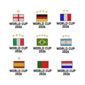 以下が含まれることがあります： イングランド、ドイツ、フランス、イタリア、ブラジル、アルゼンチン、スペイン、ポルトガル、オランダなど、さまざまな国の国旗が刺繍された9つのパッチ。各パッチには「WORLD CUP 2026」の文字と金色の星があります。