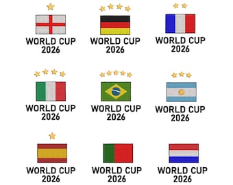 World Cup 2026 Embroidery Design: Flags of England Brazil Germany Spain Netherland France Portugal with Star Machine Embroidery Pattern