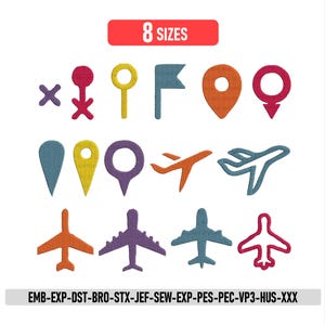 Reise Symbole Stickmuster: Flugzeug-Silhouetten, Urlaubs-Sticker, Urlaubs-Stickmuster, Landkartenmarkierer, und Reise-Icons