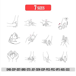 Ricamo in stile line art per la Festa della Mamma, Ricamo in stile line art di mamma e bambino, Disegno in stile line art di madre che si tiene per mano, 7 dimensioni - Download immediato