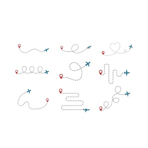 Op de afbeelding: Een verzameling illustraties met een reisthema, met blauwe vliegtuigen en gestippelde vliegroutes. Elk pad begint bij een rode locatie-markering, met verschillende lus- en gebogen ontwerpen. De achtergrond is effen wit.