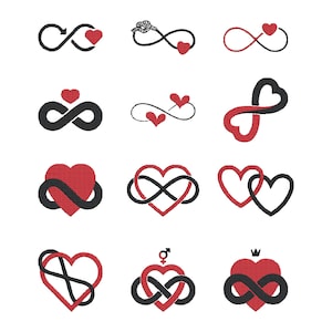 Könnte beinhalten: Eine Sammlung gestickter Designs mit Unendlichkeitszeichen, die mit Herzen verschlungen sind. Die Designs sind in Rot und Schwarz gehalten, mit einem weißen Hintergrund. Die Herzen sind rot und die Unendlichkeitszeichen sind schwarz.