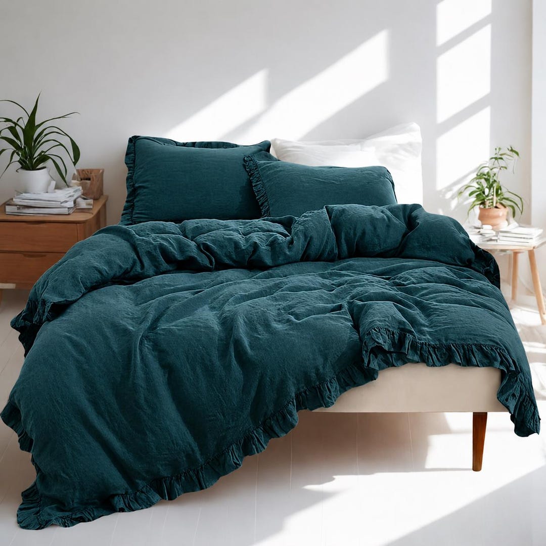 Dark Teal Ruffle Linen Bedding Set – Washed Linen Duvet Cover With ...