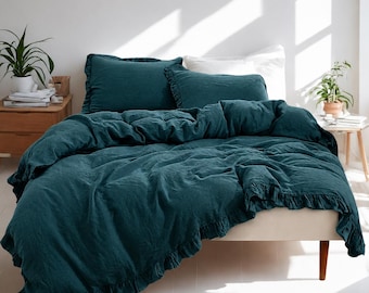 Dark Teal Ruffle Linen Bedding Set – Washed Linen Duvet Cover with Pillowcases, Soft Farmhouse Bedroom Decor, Queen King Bedding