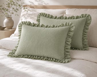 Funda de almohada de lino verde salvia / Funda de cojín con volantes / Cojín decorativo / Decoración rústica para el hogar