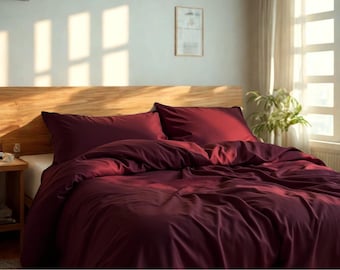 Set di biancheria da letto bordeaux, copripiumino di lusso rosso scuro, arredamento camera da letto morbido e minimalista, set di biancheria da letto rosso vino, biancheria da letto moderna e accogliente
