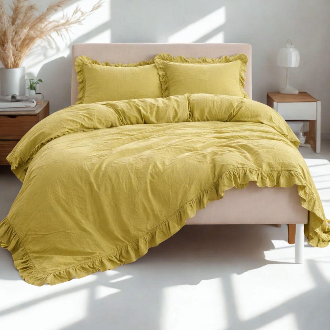 Yellow Linen Ruffle Bedding Set Comforter Cover With Two Pillowcase - Etsy