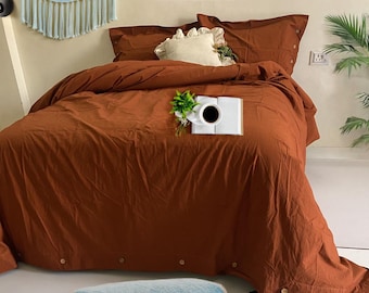 Burnt Orange Linen Bedding Set: Duvet Cover, Pillow Shams with Buttons